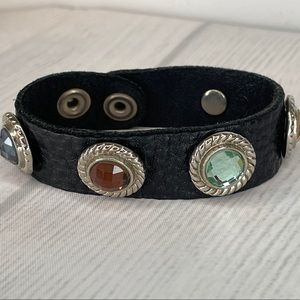 Black Faux Leather & Multicolor Gems Cuff